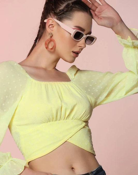 Yellow Self Woven Crop Top