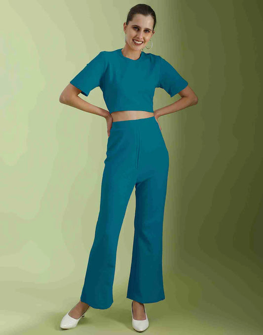 Teal Blue Lycra Plain Co-ord Set