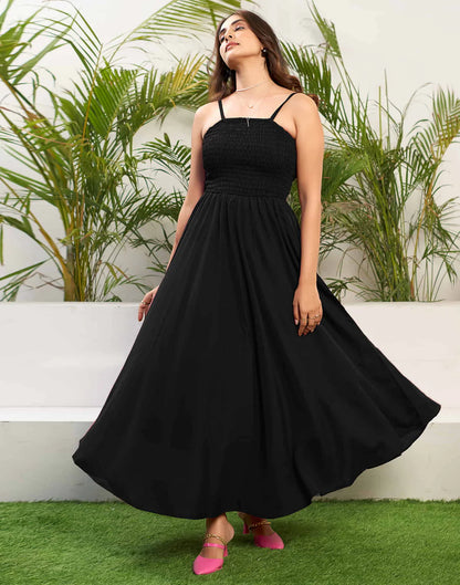 Black Rayon Plain Flared Dress