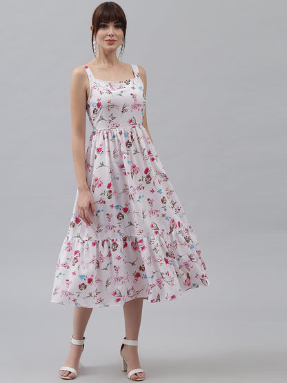 White Floral Printed Back Knot Frill Dress