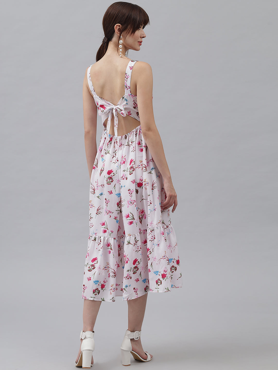 White Floral Printed Back Knot Frill Dress