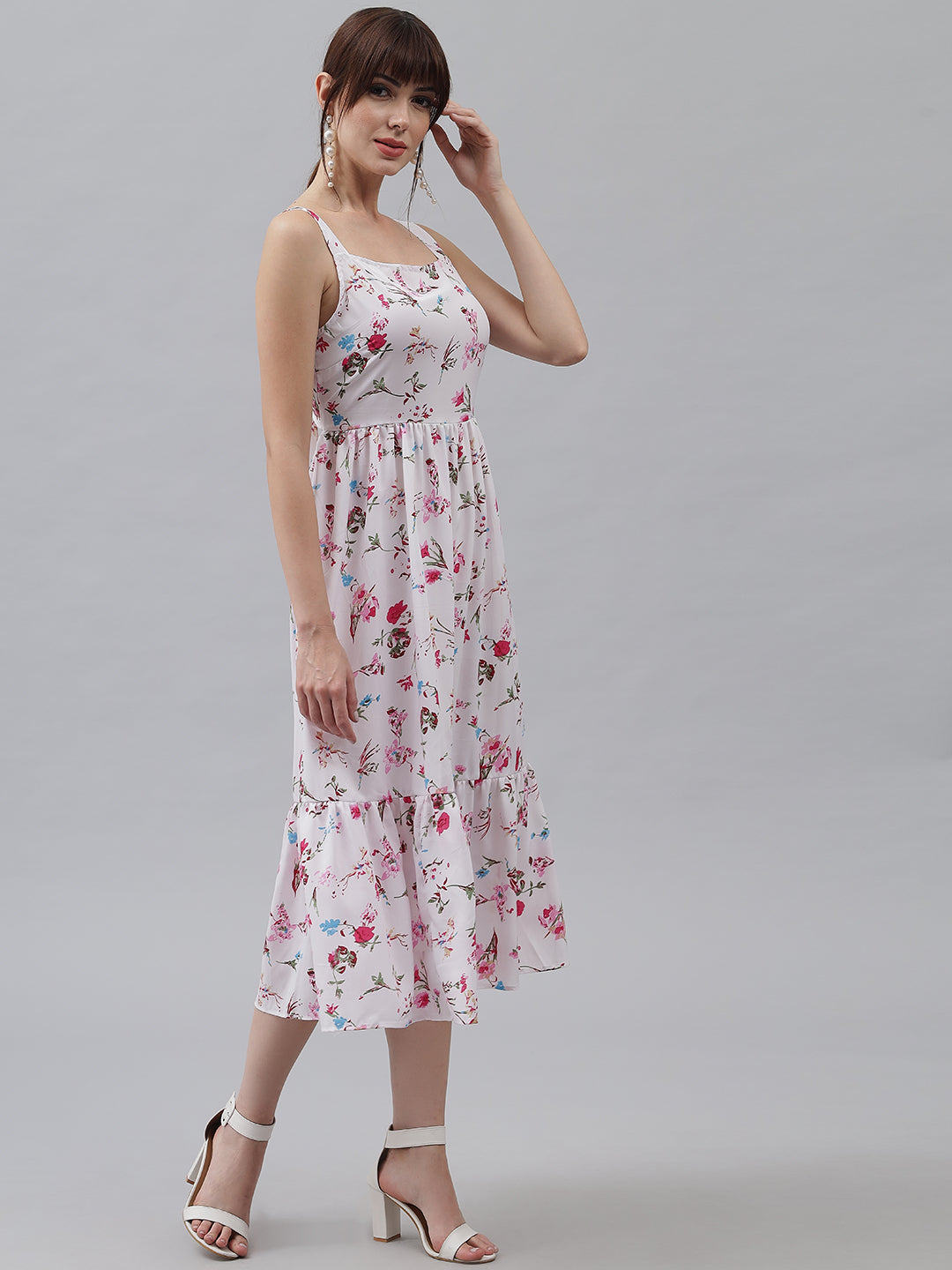 White Floral Printed Back Knot Frill Dress