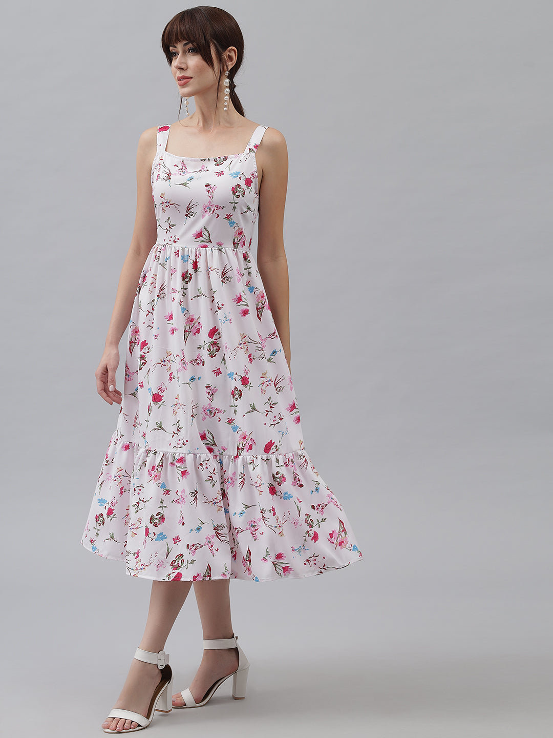 White Floral Printed Back Knot Frill Dress